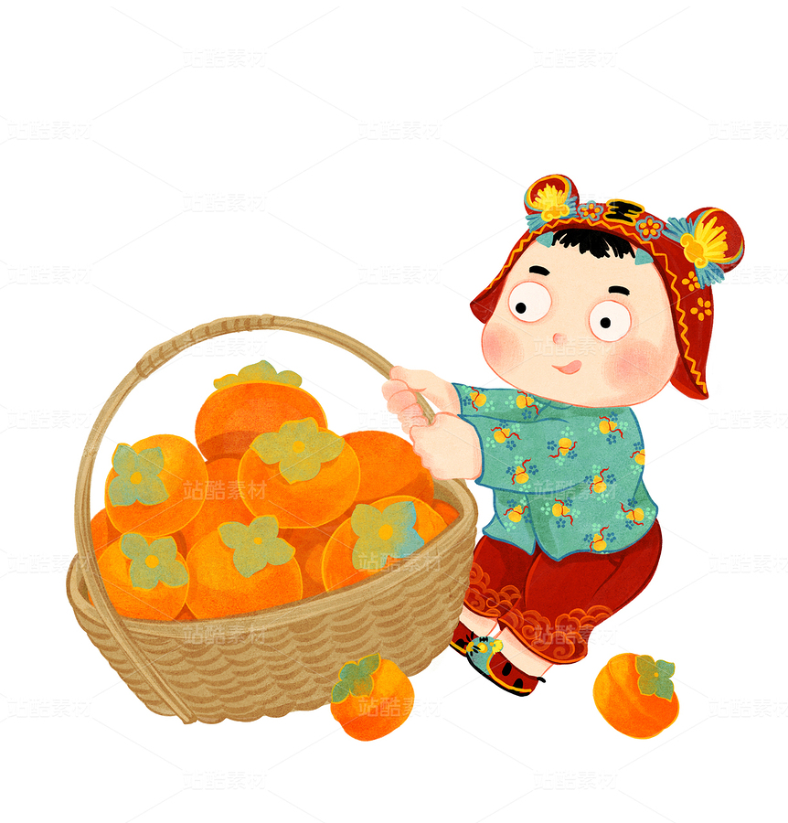 可愛的虎頭帽小男孩拽著一筐柿子紋理繪本插畫（主預(yù)覽-10606084） - 未分類 - 站酷設(shè)計師東晨原創(chuàng)素材 - 站酷ZCOOL