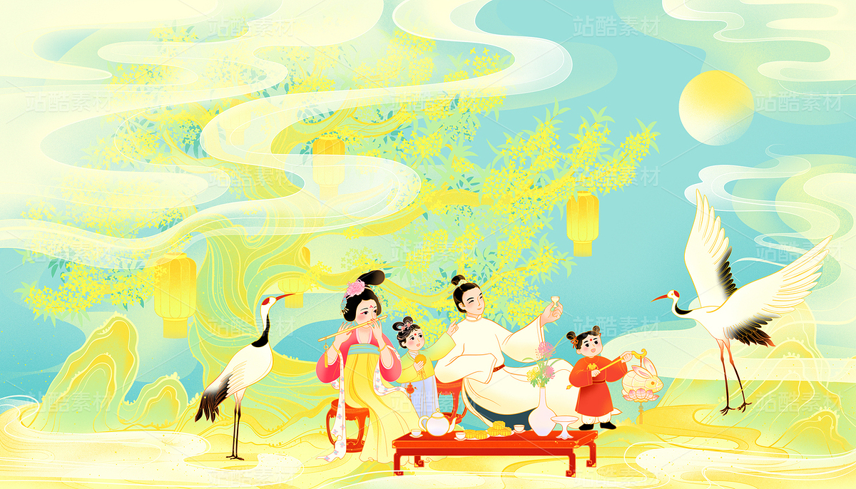 一家四口穿着汉服在桂花树下赏月中秋节国潮插画（主预览-10644700） - 未分类 - 站酷设计师東晨原创素材 - 站酷ZCOOL