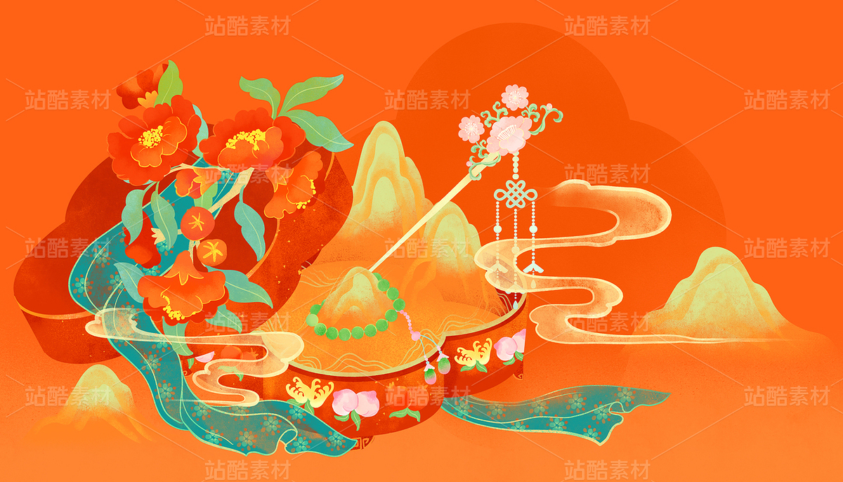 首飾盒三多紋紗巾山花簪手串祥云喜慶國(guó)風(fēng)插畫(huà)（主預(yù)覽-10646202） - 未分類(lèi) - 站酷設(shè)計(jì)師東晨原創(chuàng)素材 - 站酷ZCOOL