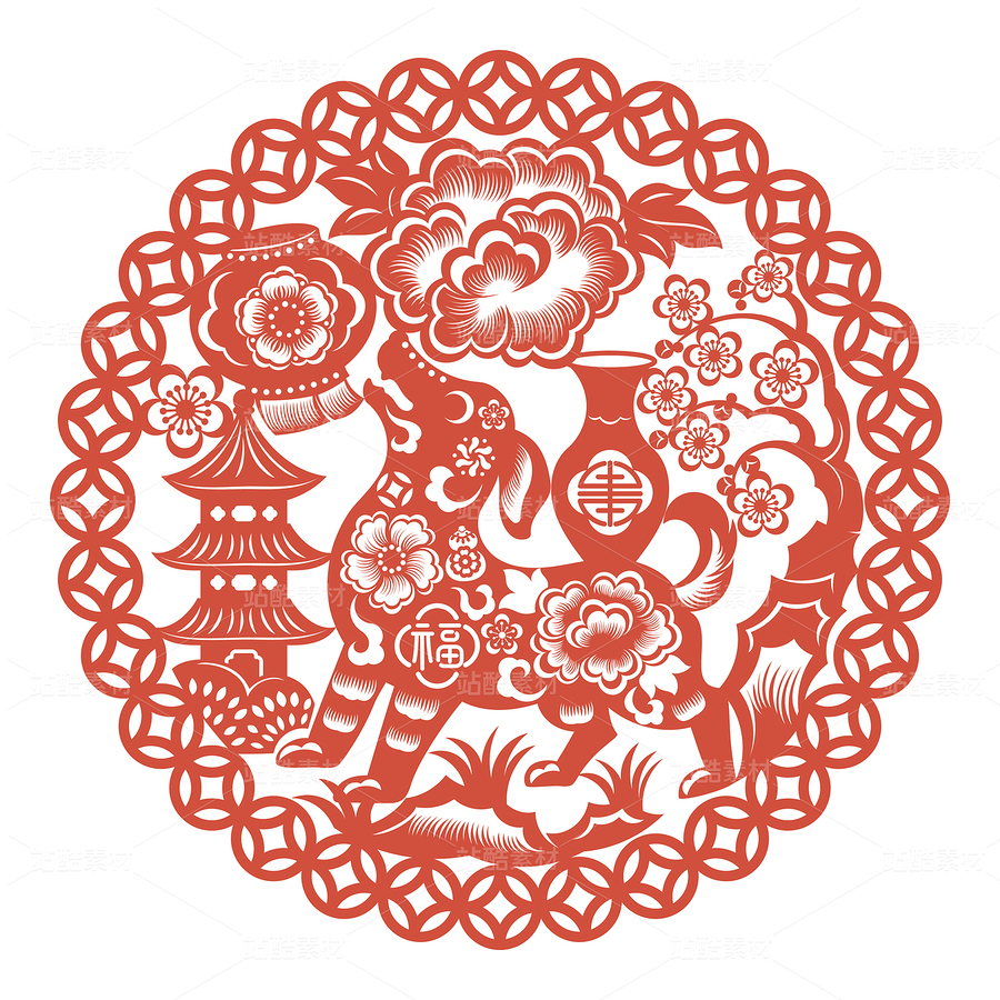 十二生肖狗古塔牡丹梅花銅錢狗年紅色剪紙插畫（主預(yù)覽-10678805） - 未分類 - 站酷設(shè)計(jì)師東晨原創(chuàng)素材 - 站酷ZCOOL