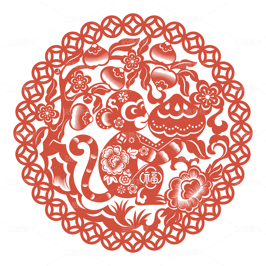 十二生肖猴桃子牡丹梅花銅錢(qián)猴年紅色剪紙插畫(huà)（主預(yù)覽-10678806） - 未分類 - 站酷設(shè)計(jì)師東晨原創(chuàng)素材 - 站酷ZCOOL
