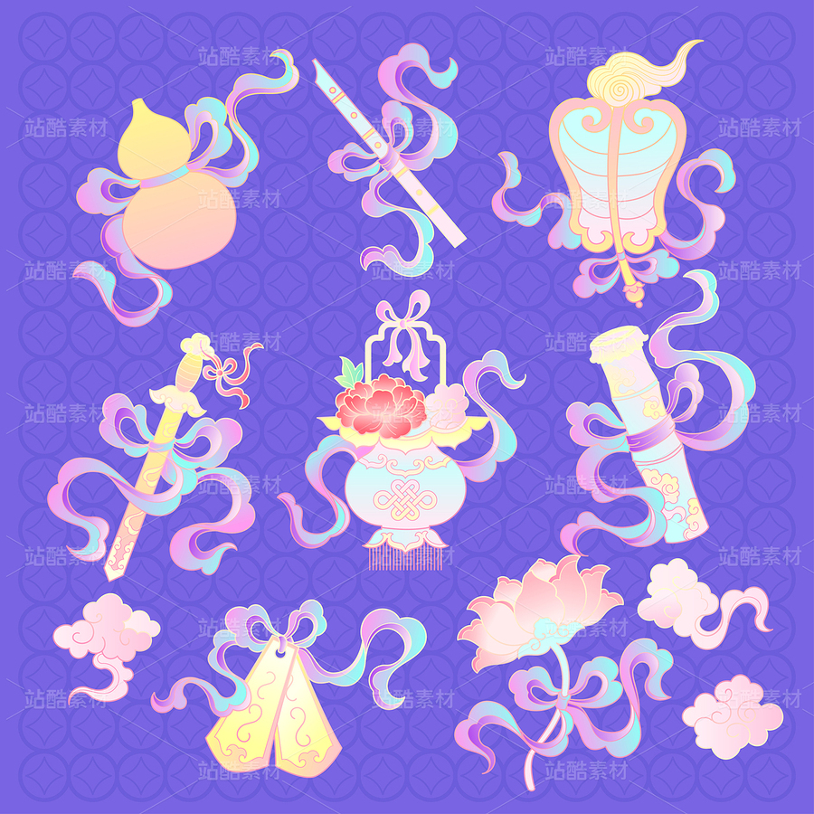 吉祥暗八仙銅錢中國傳統(tǒng)紋樣插畫（主預(yù)覽-10680247） - 未分類 - 站酷設(shè)計師東晨原創(chuàng)素材 - 站酷ZCOOL