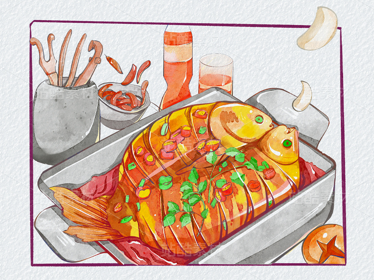 风镜烤鱼插画，店铺营销宣传海报，水彩风（主预览-10794016） - 未分类 - 站酷设计师liliwudi原创素材 - 站酷ZCOOL