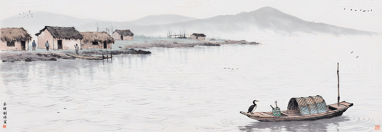 田园水墨画客厅水墨山水画电视背景墙