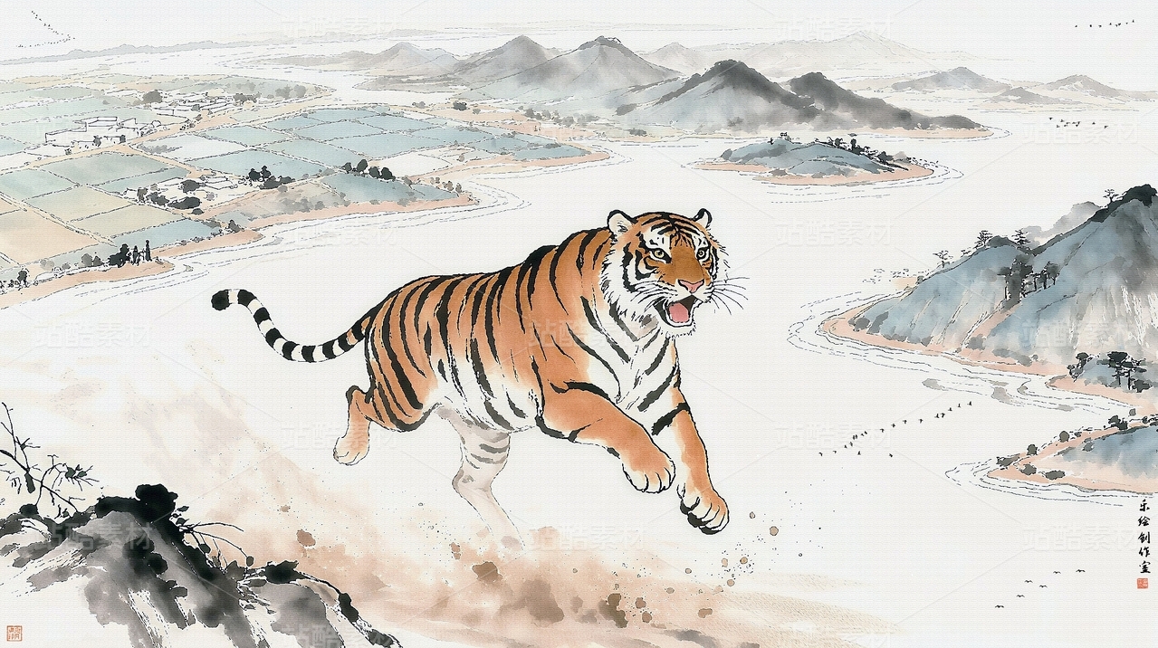 水墨山水画 手绘水墨山水装饰画 水墨老虎