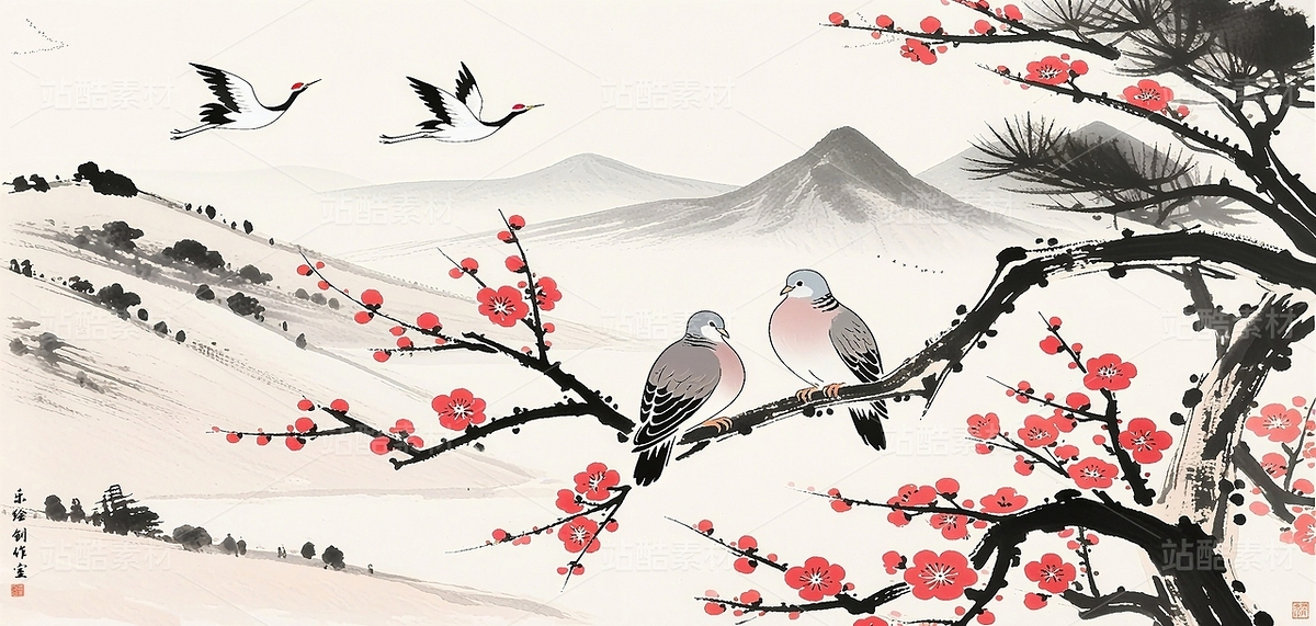 水墨花鸟装饰画 新中式水墨花鸟画 中式水墨壁画（主预览-12022029） - 未分类 - 站酷设计师独创绘画工作室原创素材 - 站酷ZCOOL