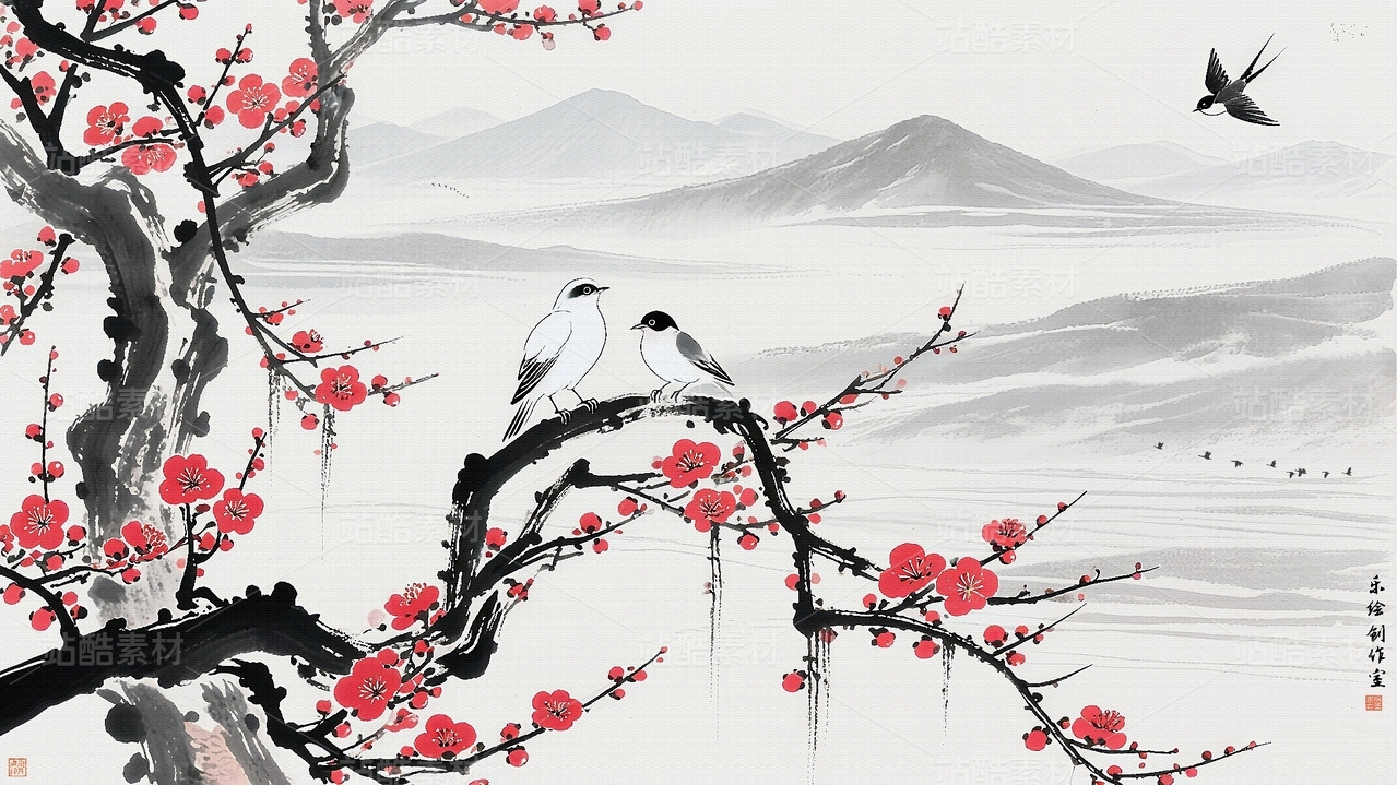 水墨电视背景墙 手绘中式花鸟 水墨新款壁画