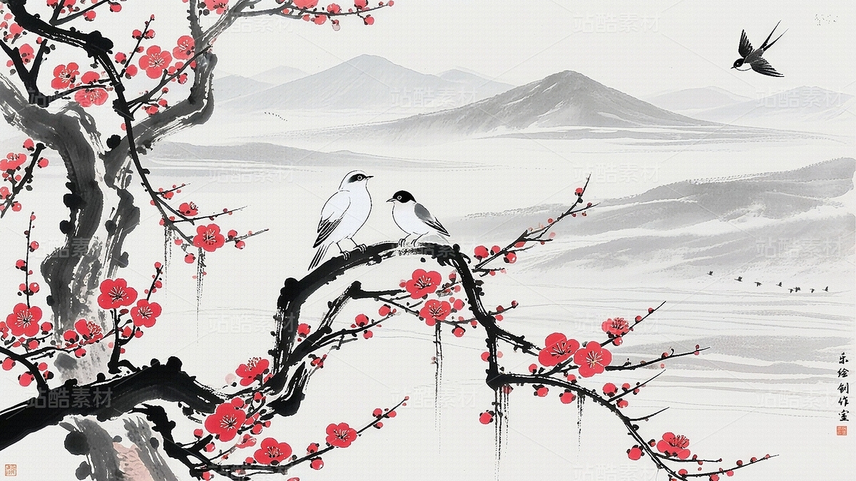 水墨电视背景墙 手绘中式花鸟 水墨新款壁画（主预览-12022034） - 未分类 - 站酷设计师独创绘画工作室原创素材 - 站酷ZCOOL