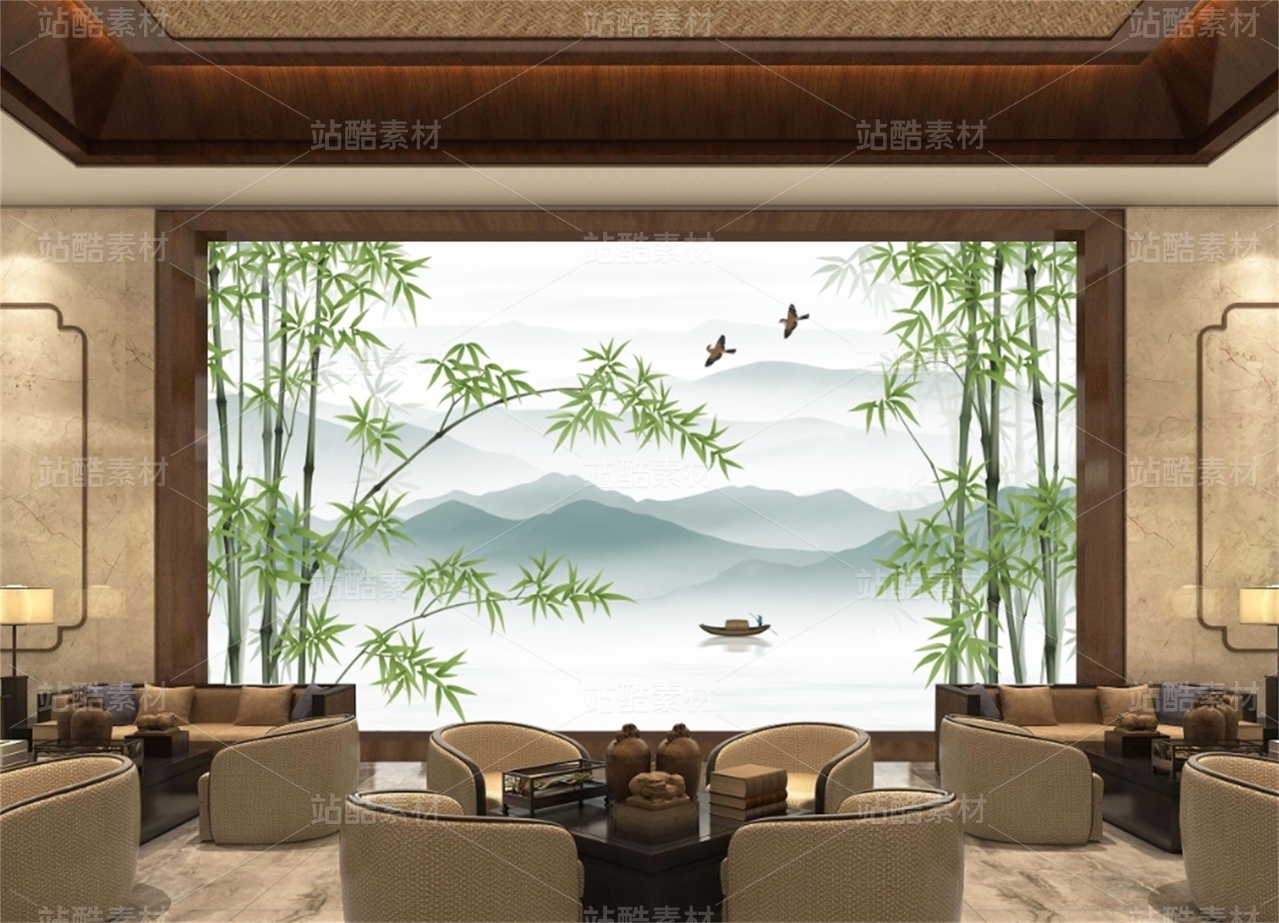 新中式山水竹鸟装饰画