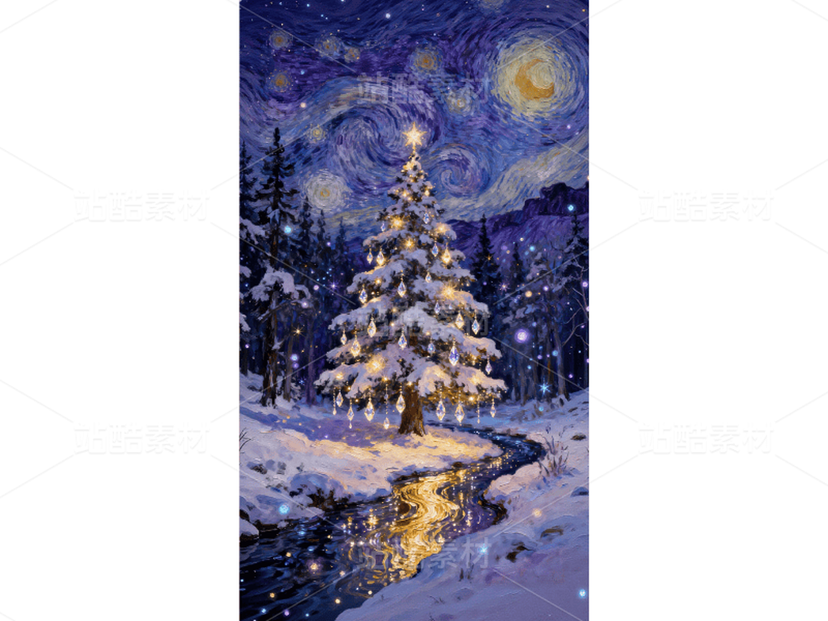 4k高清 竖版手机壁纸插画 梵高星空圣诞树 厚涂油画风（主预览-12552294） - 未分类 - 站酷设计师ZITING2025原创素材 - 站酷ZCOOL