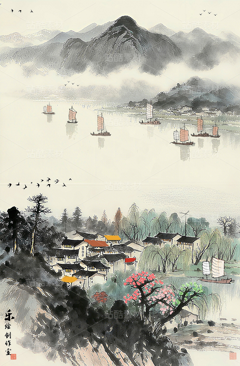 水墨农村水墨小桥水墨山水画水墨江南画