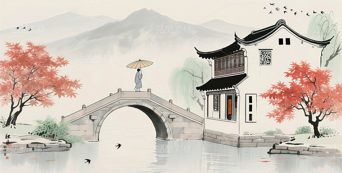 水墨山水画水墨江南画水墨农村水墨小桥装饰画（主预览-13087835） - 未分类 - 站酷设计师独创绘画工作室原创素材 - 站酷ZCOOL
