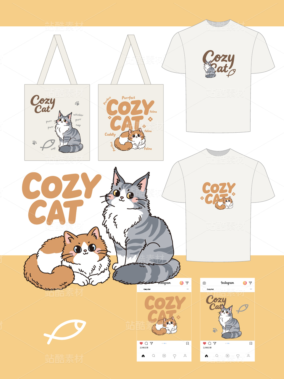 可爱卡通猫咪矢量插画 两只萌宠线稿手绘素材