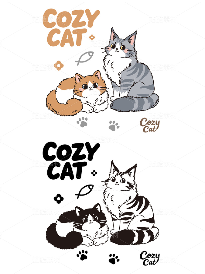 可爱卡通猫咪矢量插画 两只萌宠线稿手绘素材（主预览-13090566） - 未分类 - 站酷设计师泗口沺原创素材 - 站酷ZCOOL