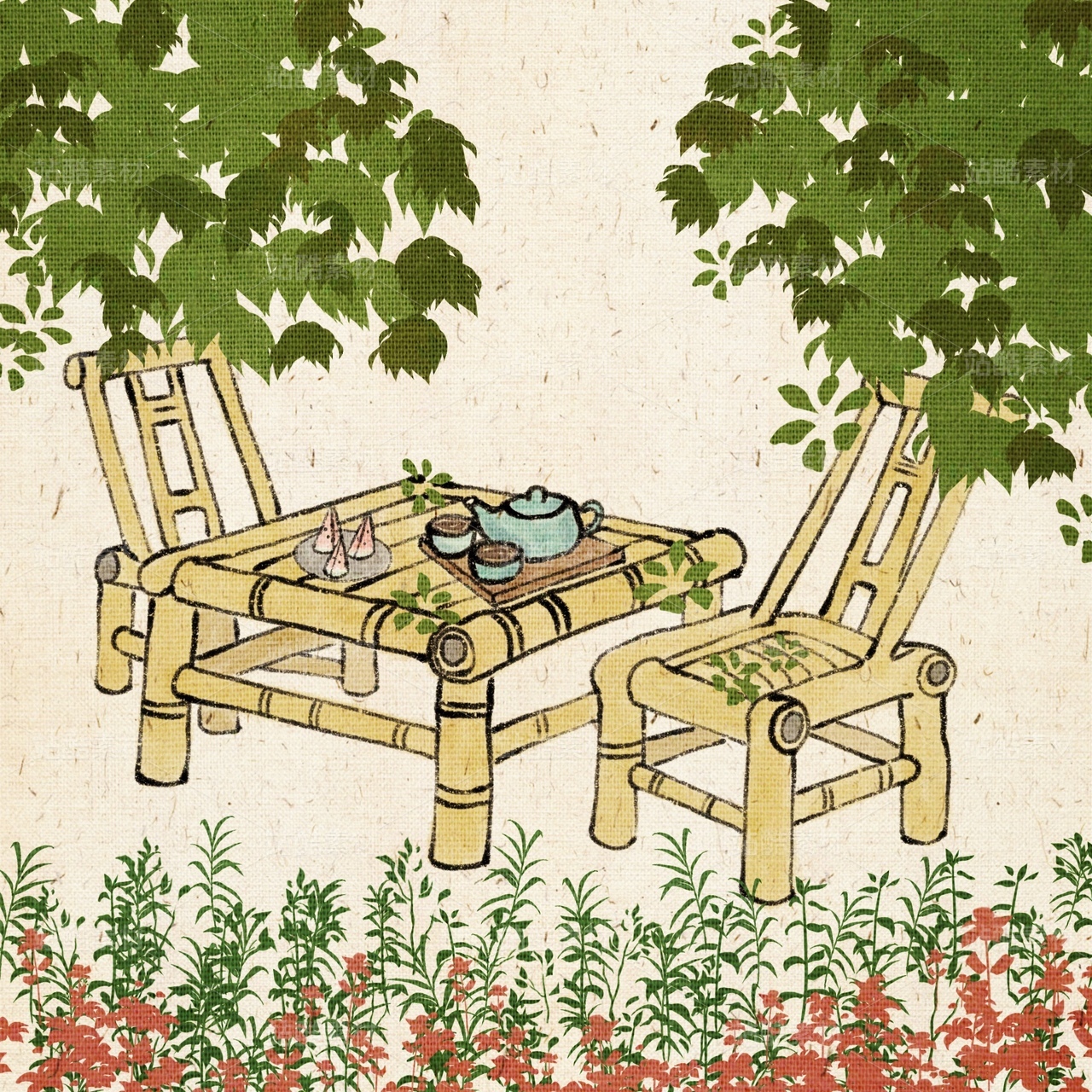 国风手绘夏日庭院 竹椅饮茶治愈插画
