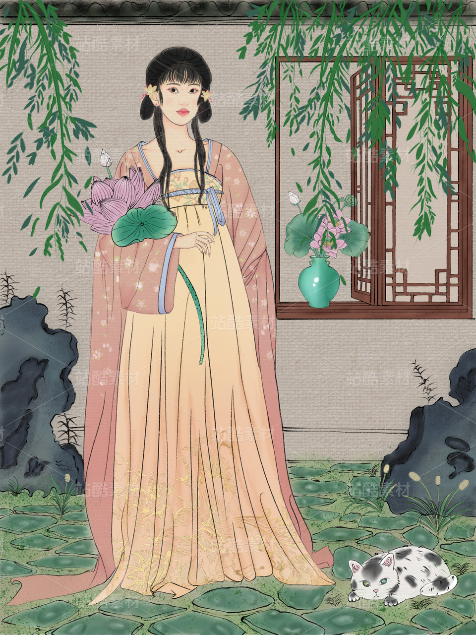 国风手绘古风仕女 汉服女子庭院荷花插画
