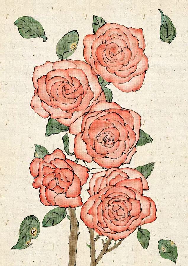 复古淡彩线描红玫瑰|中式国风花卉手绘插画(主预览-13092023) - 未分类 - 站酷设计师插画师软手原创素材 - 站酷ZCOOL