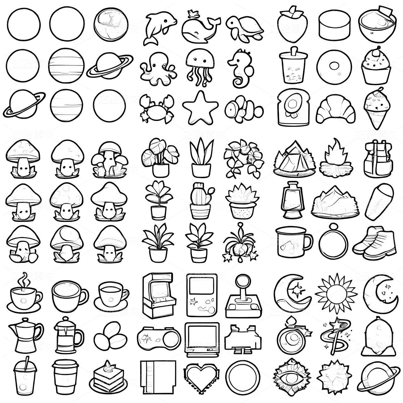 黑白简约线稿卡通插画素材