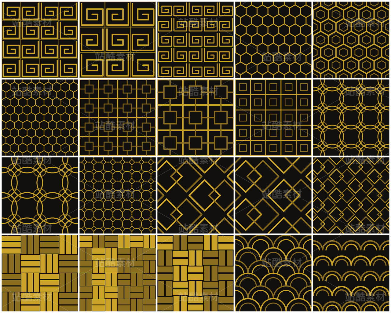 20款中式传统无缝纹样 墨底描金国潮EPS矢量底纹