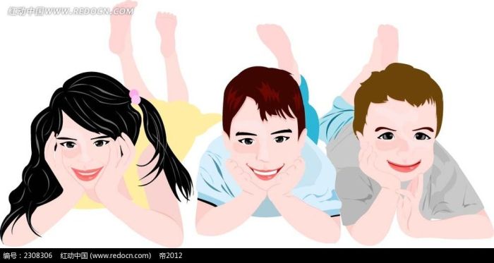 一个女孩和两个男孩趴着韩国时尚风格插图