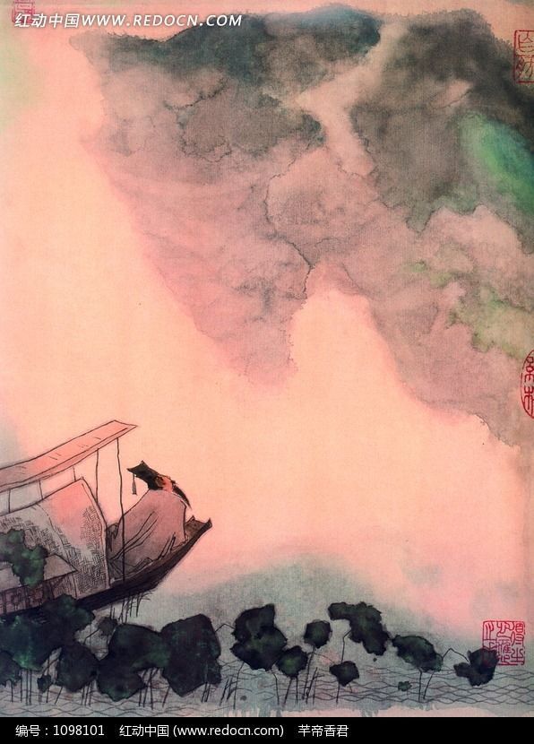舟上的古代男士和湖面的荷叶水墨画图片