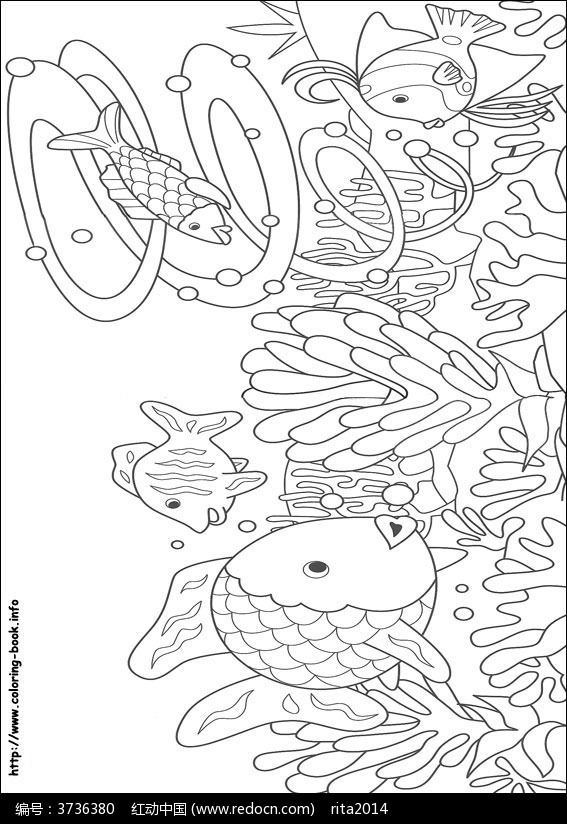 卡通鱼水草手绘线稿图片