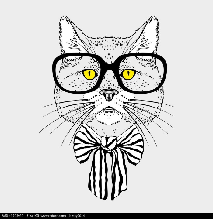 带黑框眼镜的猫手绘线描图形