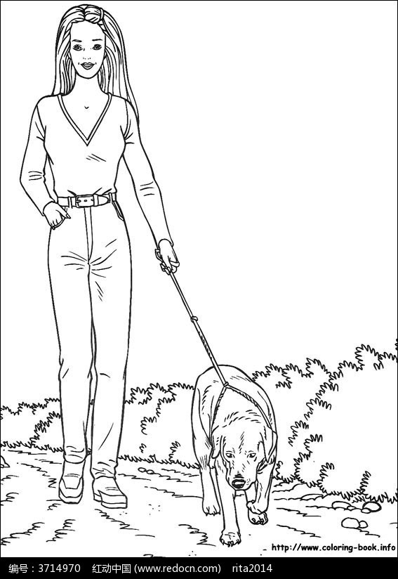 女孩溜小狗线描图片