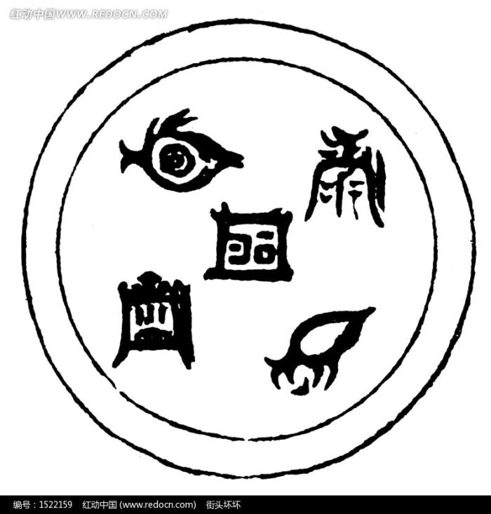 目纹鸟纹雨形纹几何纹构成的拙朴圆形图