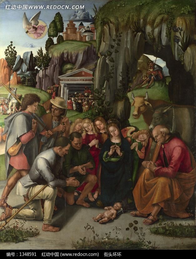 围着婴儿祈祷的一群外国人油画图片