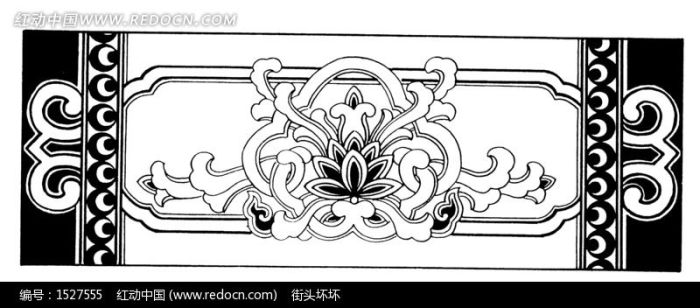 莲花卷草纹两边卷曲纹竖条花边构成的图案